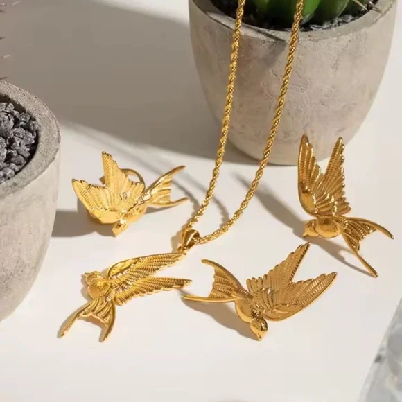 Swallow Peace Bird 18k Gold Stainless Steel Ring, Earrings, Necklace Set - Picture 10 of 17